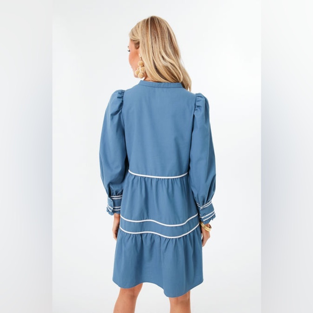 Pomander Place Blue Long Sleeve Tiered V-Neck Dress with White Trim - Picture 4 of 10